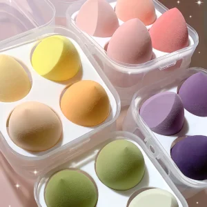 Esponjas de Maquillaje Forma Huevo Rosa x4 Con Estuche Látex Hipoalergénico